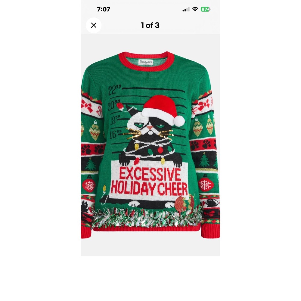 No Boundaries Mens Green Excessive Holiday Grumpy‎ Cat Ugly Christmas Sweater